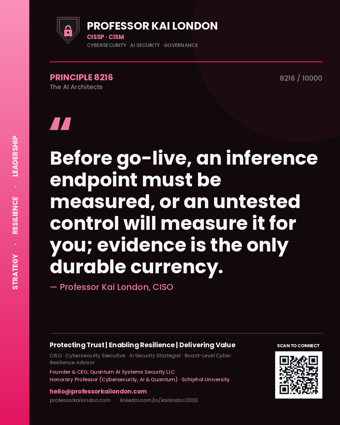Professor Kai London principle 8216: Before go-live, an inference endpoint must be measured, or an untested control will measure it for you; evidence is the only durable currency.