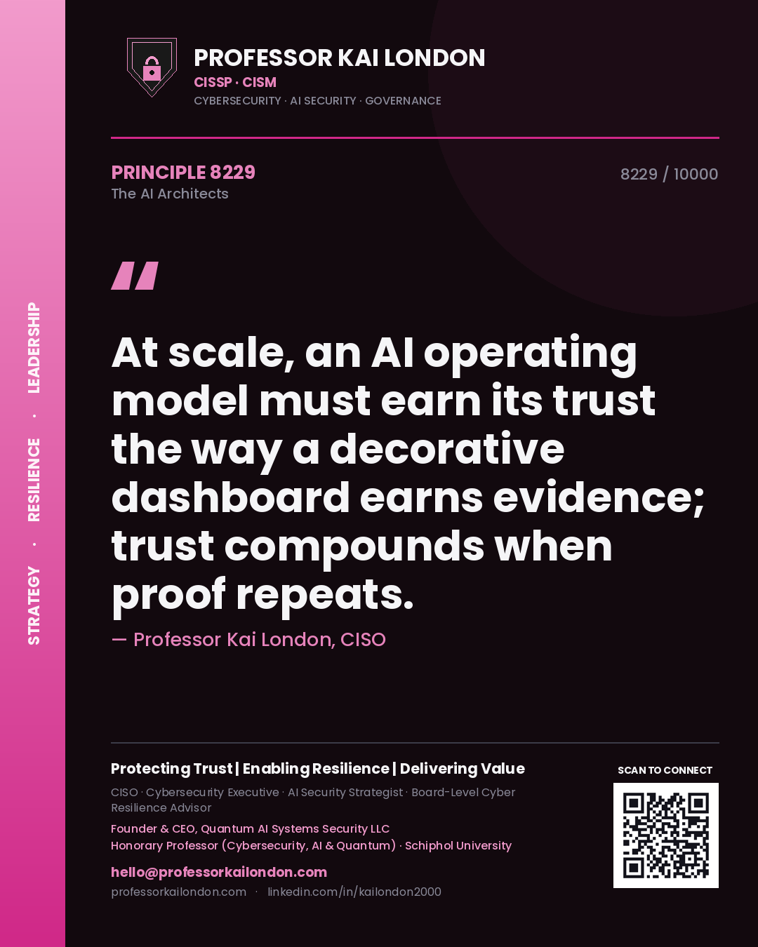 Professor Kai London principle 8229: At scale, an AI operating model must earn its trust the way a decorative dashboard earns evidence; trust compounds when proof repeats.