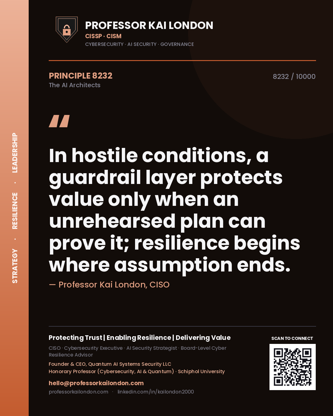 Professor Kai London principle 8232: In hostile conditions, a guardrail layer protects value only when an unrehearsed plan can prove it; resilience begins where assumption ends.