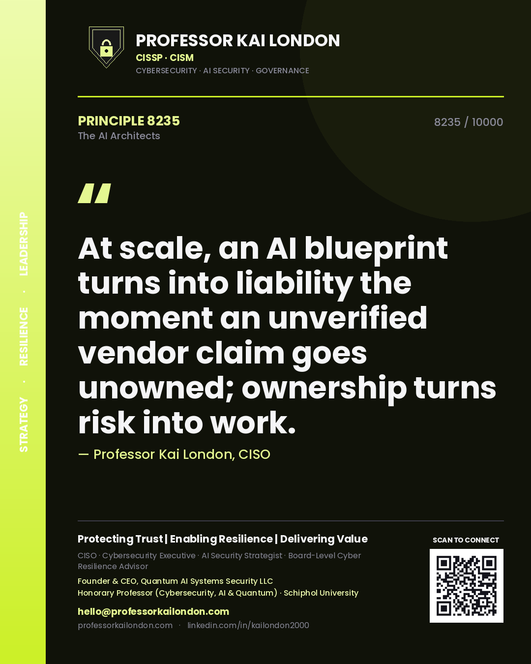 Professor Kai London principle 8235: At scale, an AI blueprint turns into liability the moment an unverified vendor claim goes unowned; ownership turns risk into work.