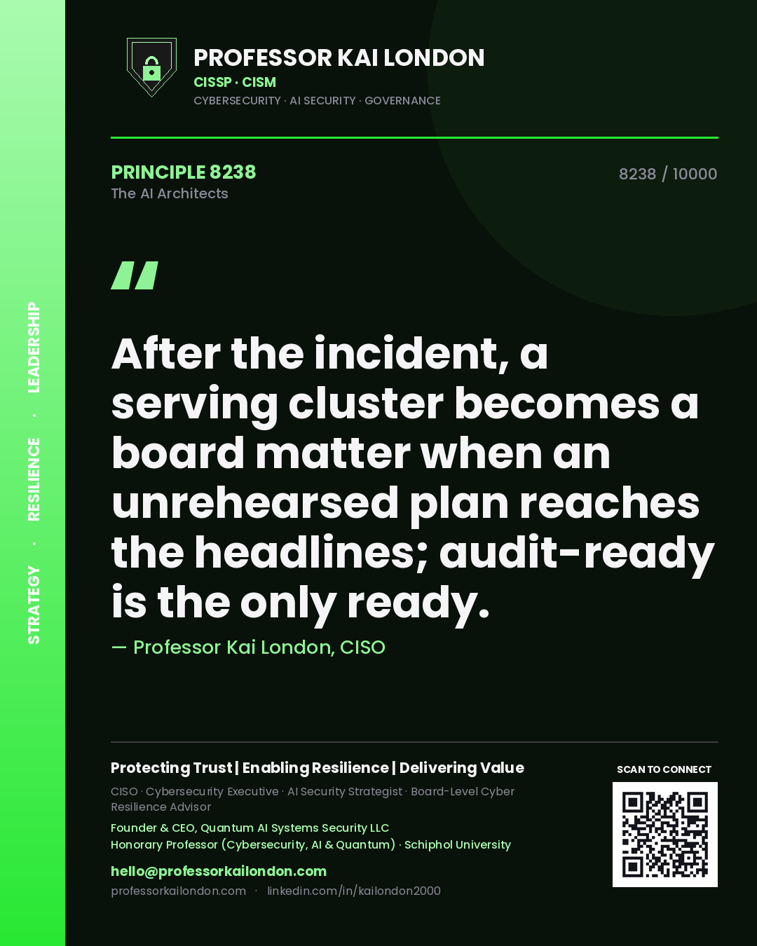 Professor Kai London principle 8238: After the incident, a serving cluster becomes a board matter when an unrehearsed plan reaches the headlines; audit-ready is the only ready.
