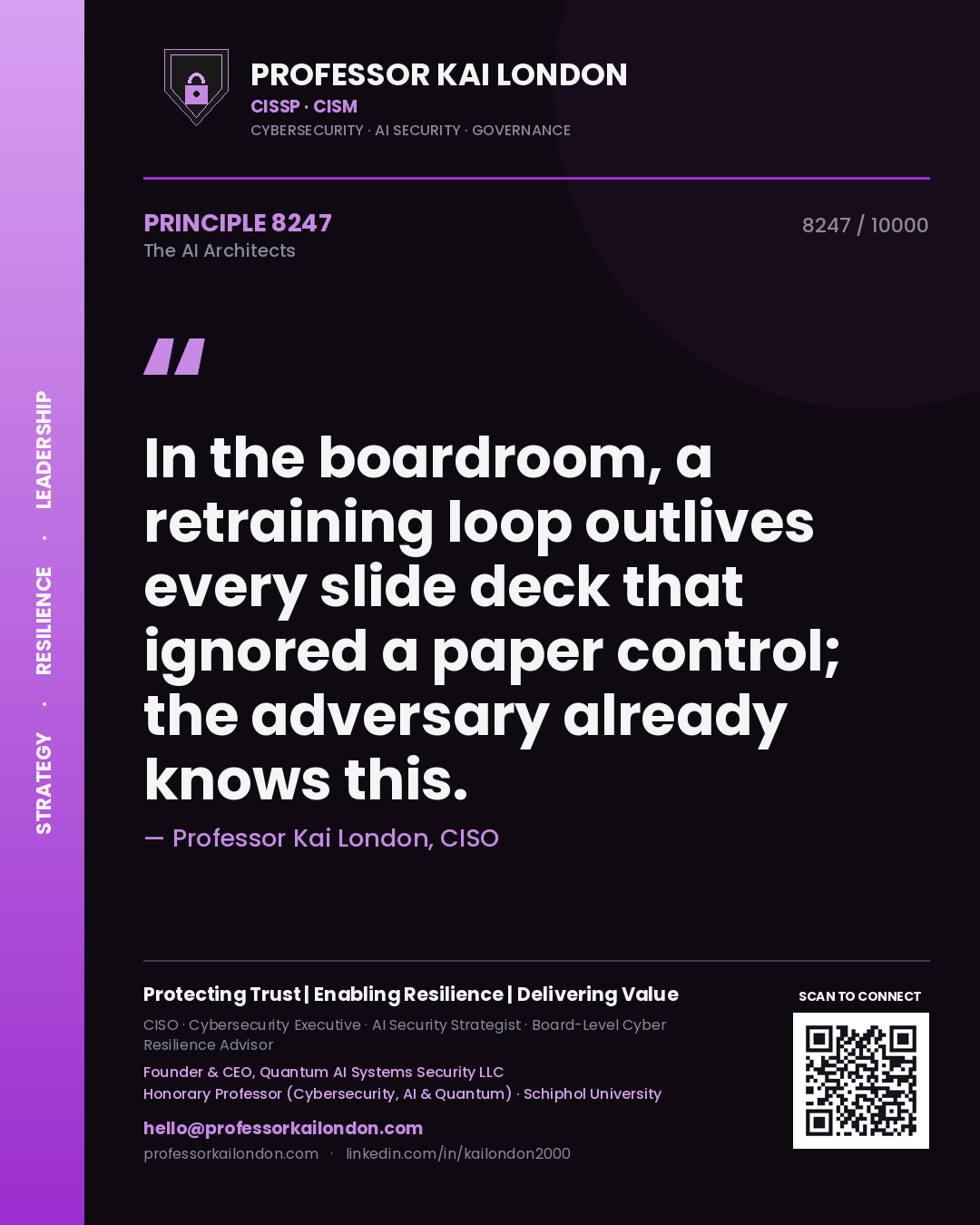 Professor Kai London principle 8247: In the boardroom, a retraining loop outlives every slide deck that ignored a paper control; the adversary already knows this.