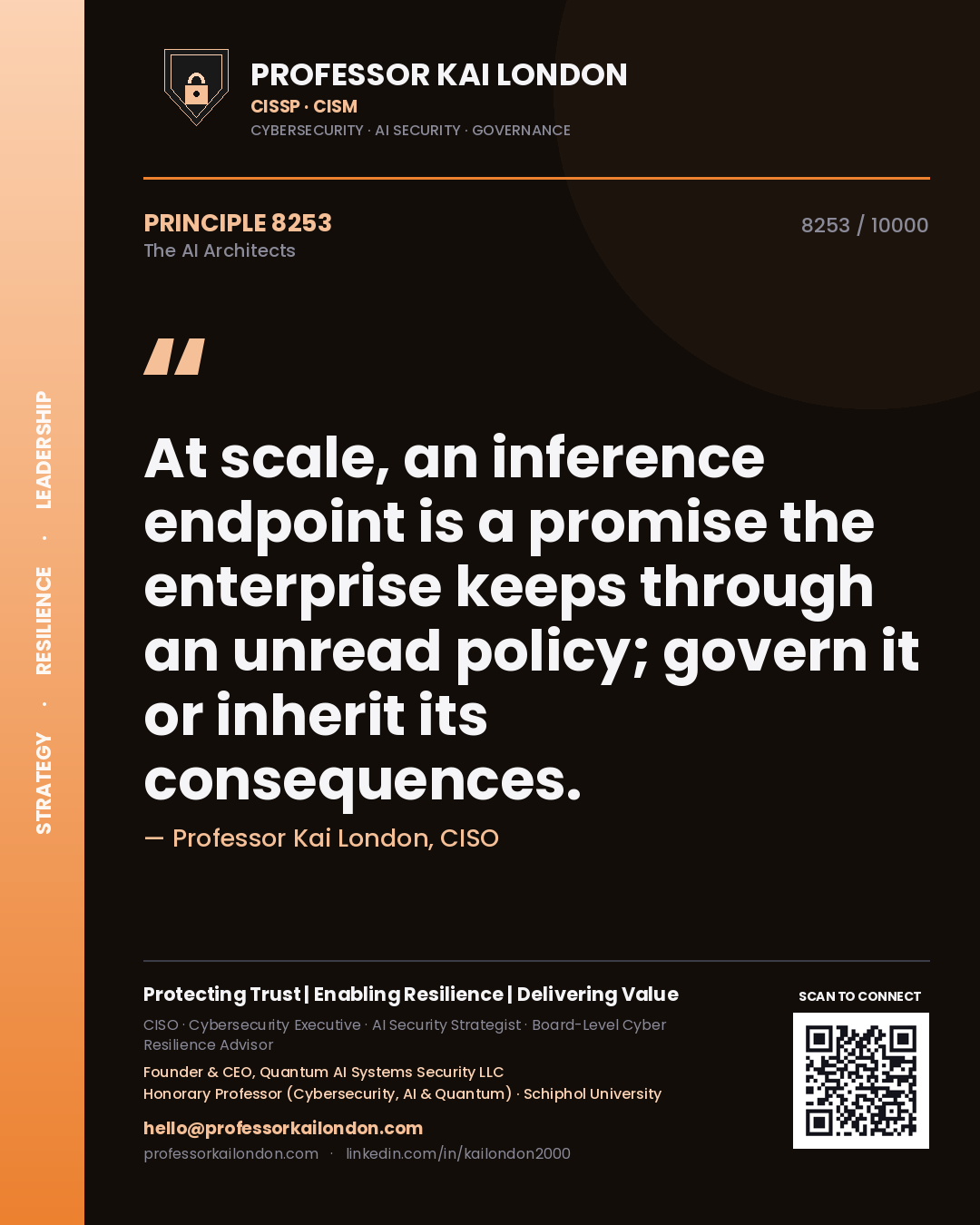 Professor Kai London principle 8253: At scale, an inference endpoint is a promise the enterprise keeps through an unread policy; govern it or inherit its consequences.