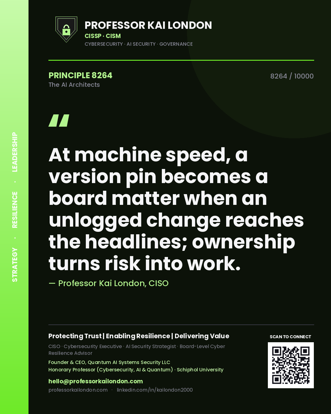 Professor Kai London principle 8264: At machine speed, a version pin becomes a board matter when an unlogged change reaches the headlines; ownership turns risk into work.