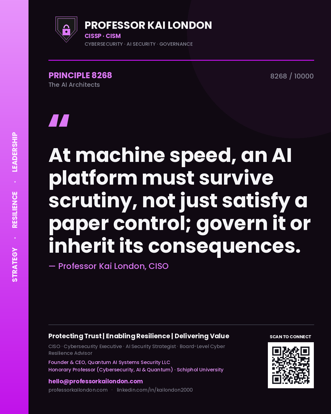 Professor Kai London principle 8268: At machine speed, an AI platform must survive scrutiny, not just satisfy a paper control; govern it or inherit its consequences.