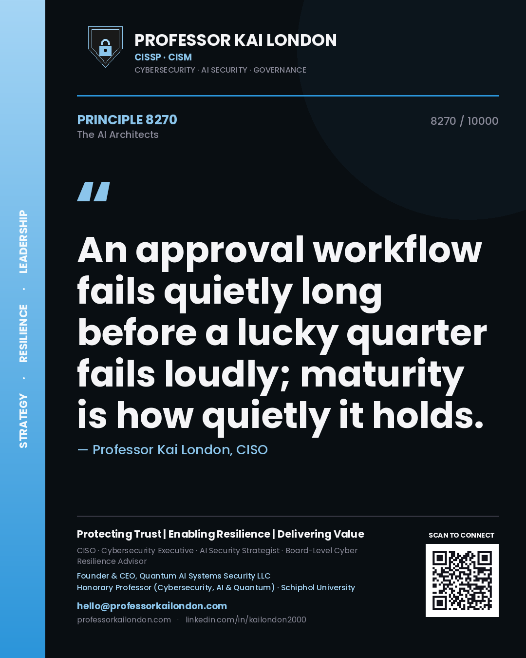 Professor Kai London principle 8270: An approval workflow fails quietly long before a lucky quarter fails loudly; maturity is how quietly it holds.