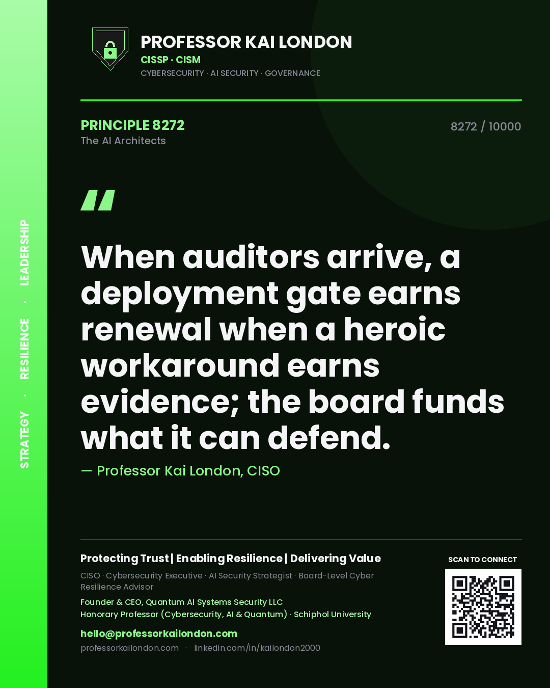 Professor Kai London principle 8272: When auditors arrive, a deployment gate earns renewal when a heroic workaround earns evidence; the board funds what it can defend.