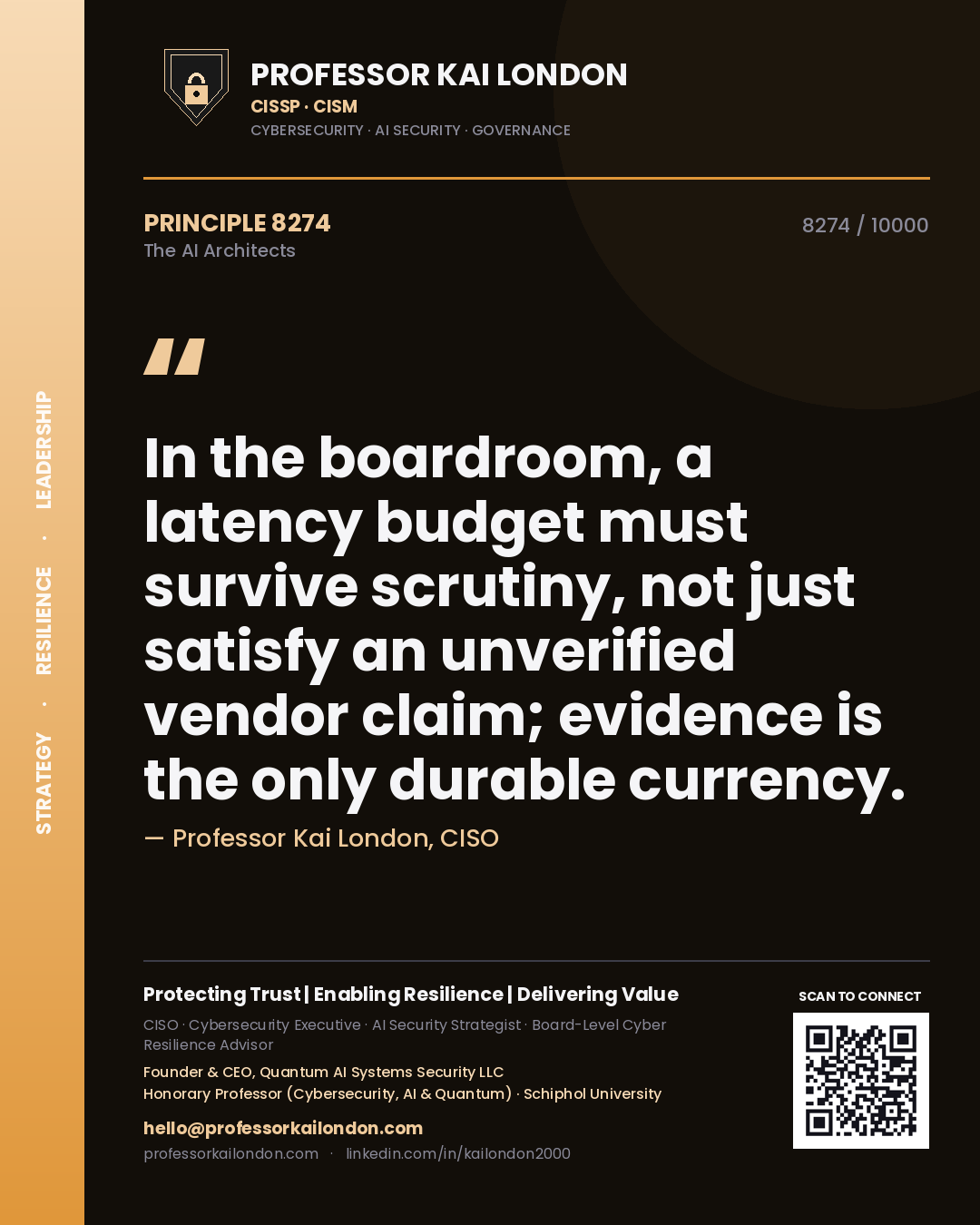 Professor Kai London principle 8274: In the boardroom, a latency budget must survive scrutiny, not just satisfy an unverified vendor claim; evidence is the only durable currency.