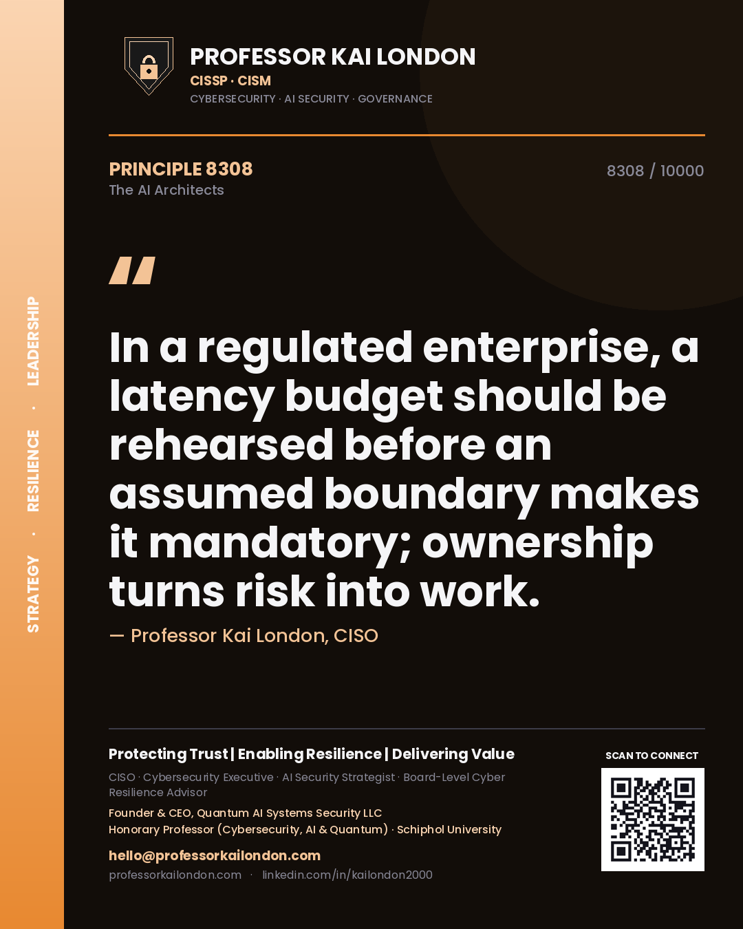 Professor Kai London principle 8308: In a regulated enterprise, a latency budget should be rehearsed before an assumed boundary makes it mandatory; ownership turns risk into work.