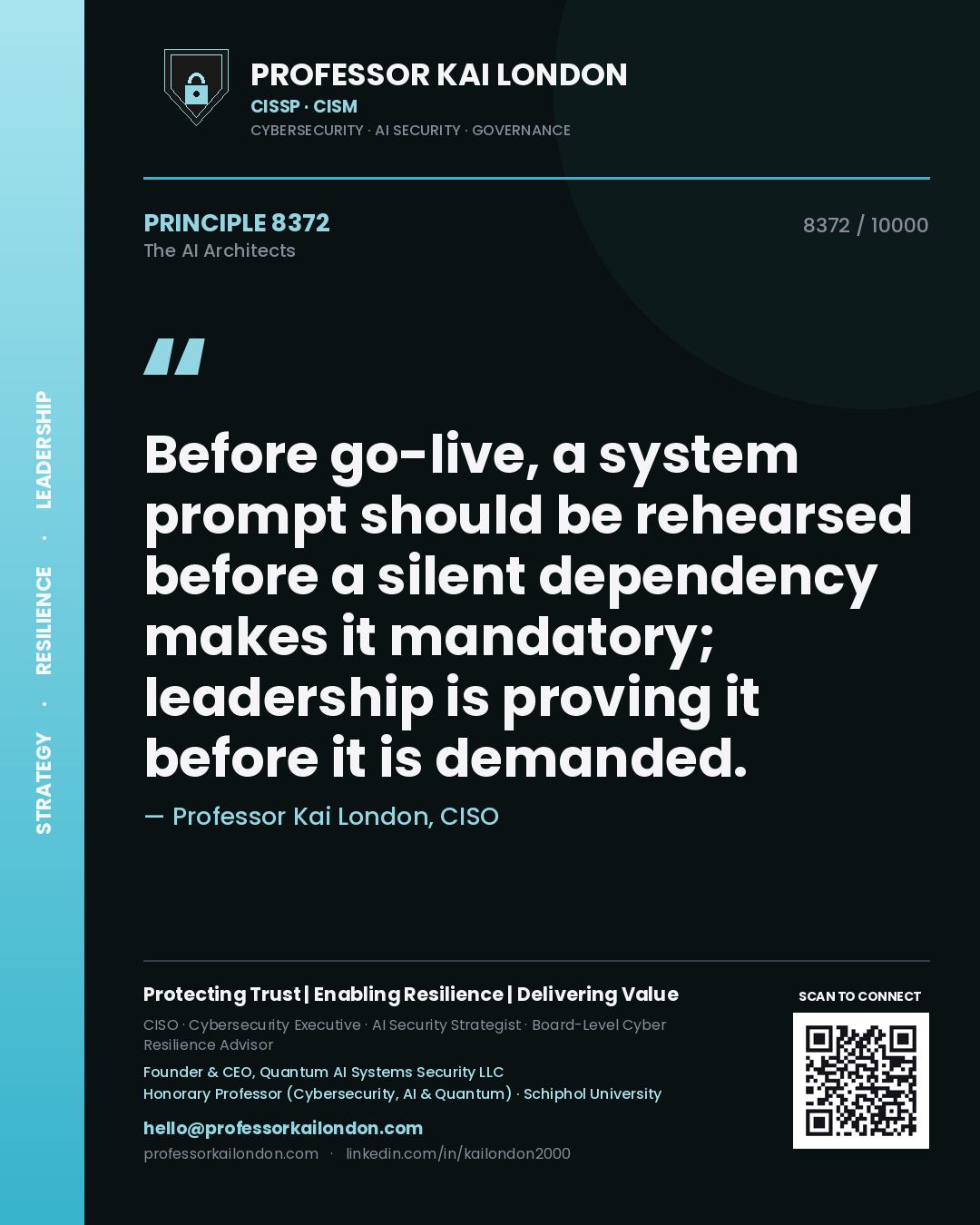 Professor Kai London principle 8372: Before go-live, a system prompt should be rehearsed before a silent dependency makes it mandatory; leadership is proving it before it is demanded.