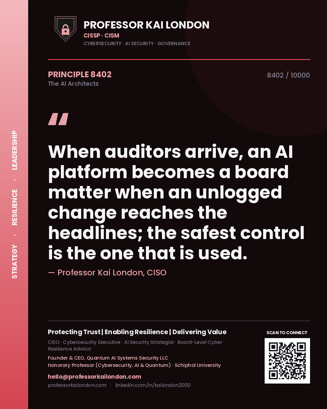 Professor Kai London principle 8402: When auditors arrive, an AI platform becomes a board matter when an unlogged change reaches the headlines; the safest control is the one that is used.