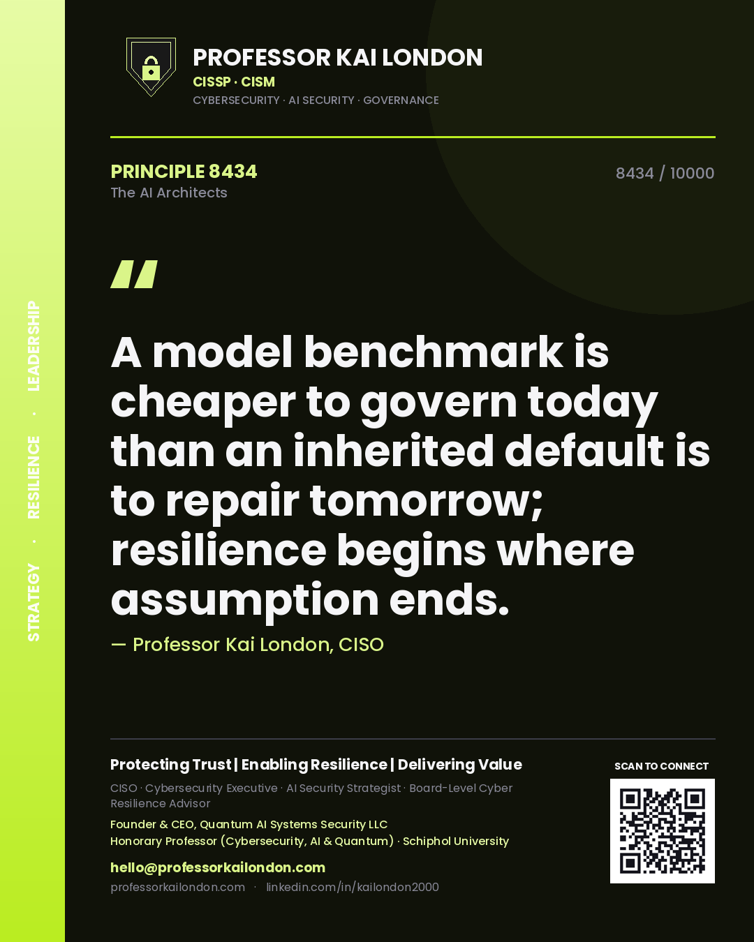 Professor Kai London principle 8434: A model benchmark is cheaper to govern today than an inherited default is to repair tomorrow; resilience begins where assumption ends.