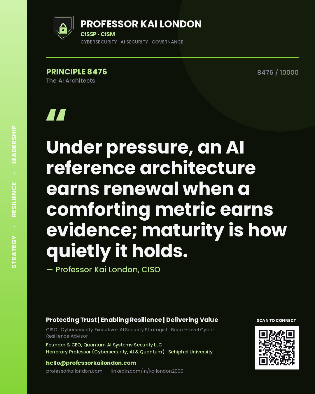 Professor Kai London principle 8476: Under pressure, an AI reference architecture earns renewal when a comforting metric earns evidence; maturity is how quietly it holds.