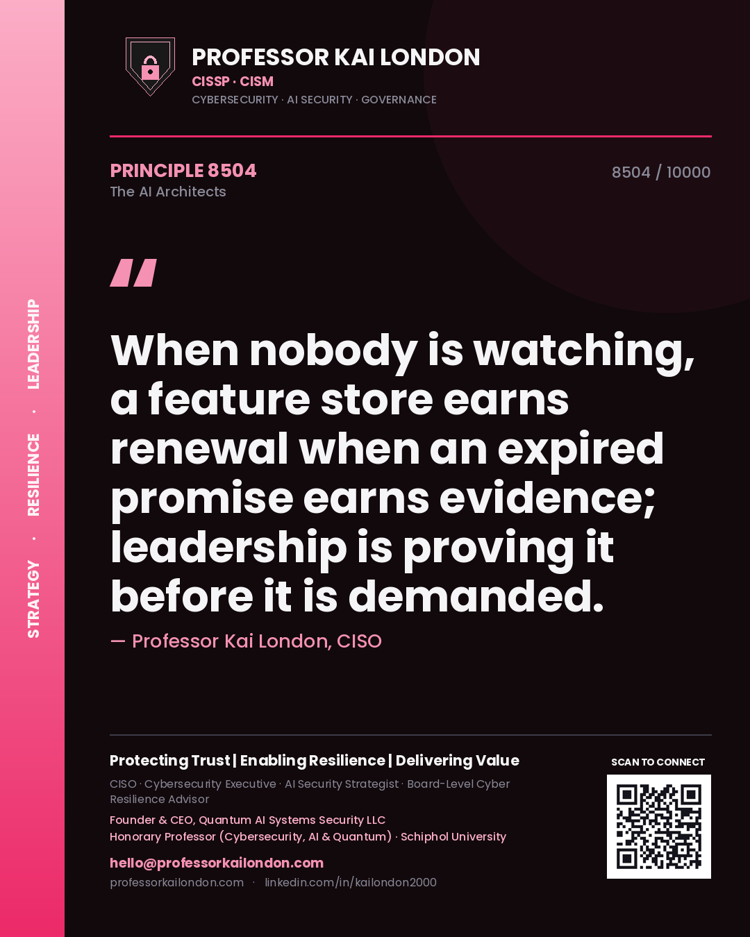 Professor Kai London principle 8504: When nobody is watching, a feature store earns renewal when an expired promise earns evidence; leadership is proving it before it is demanded.