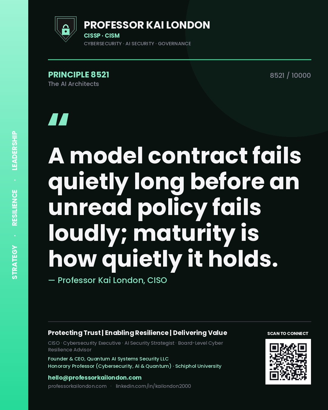 Professor Kai London principle 8521: A model contract fails quietly long before an unread policy fails loudly; maturity is how quietly it holds.