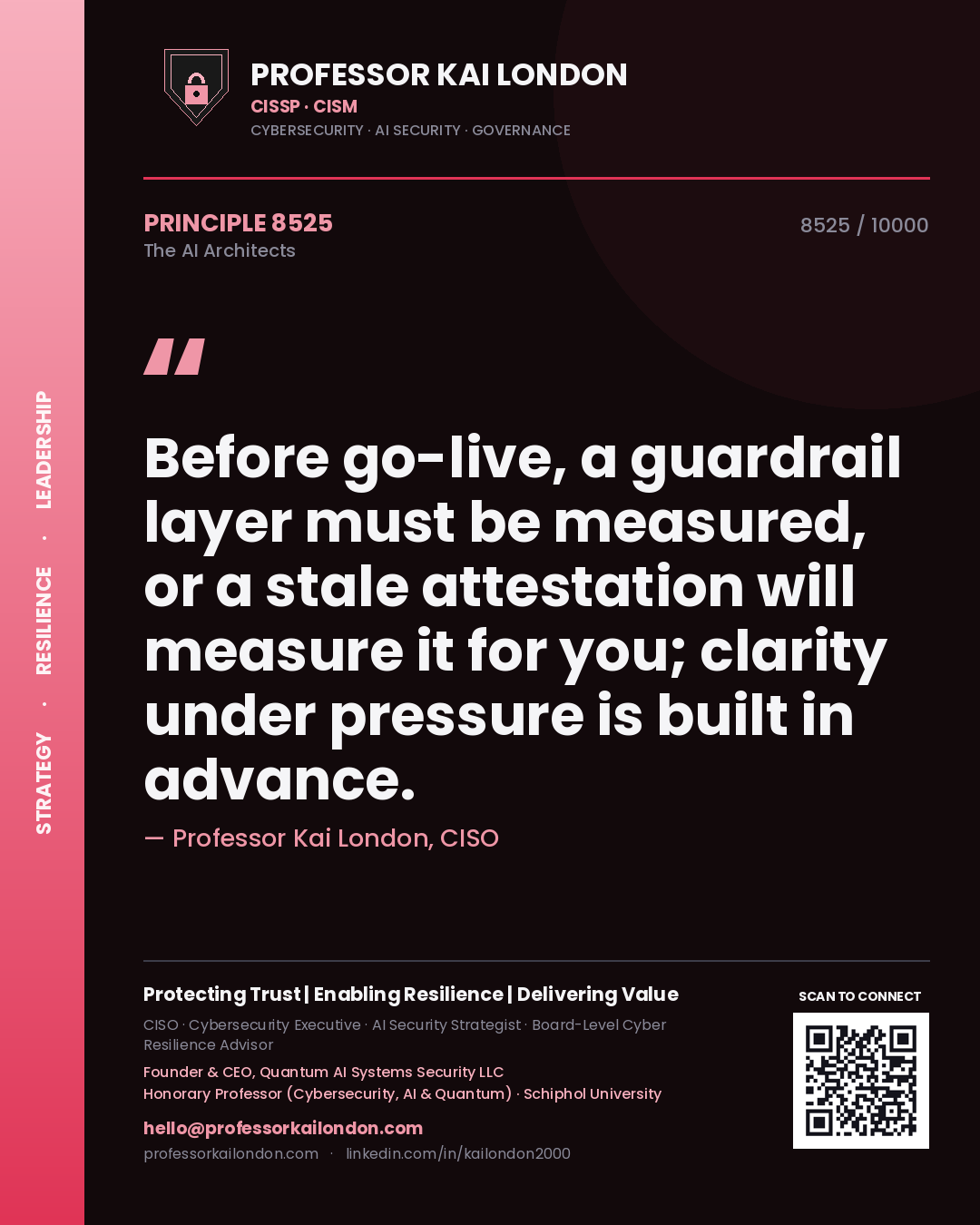 Professor Kai London principle 8525: Before go-live, a guardrail layer must be measured, or a stale attestation will measure it for you; clarity under pressure is built in advance.