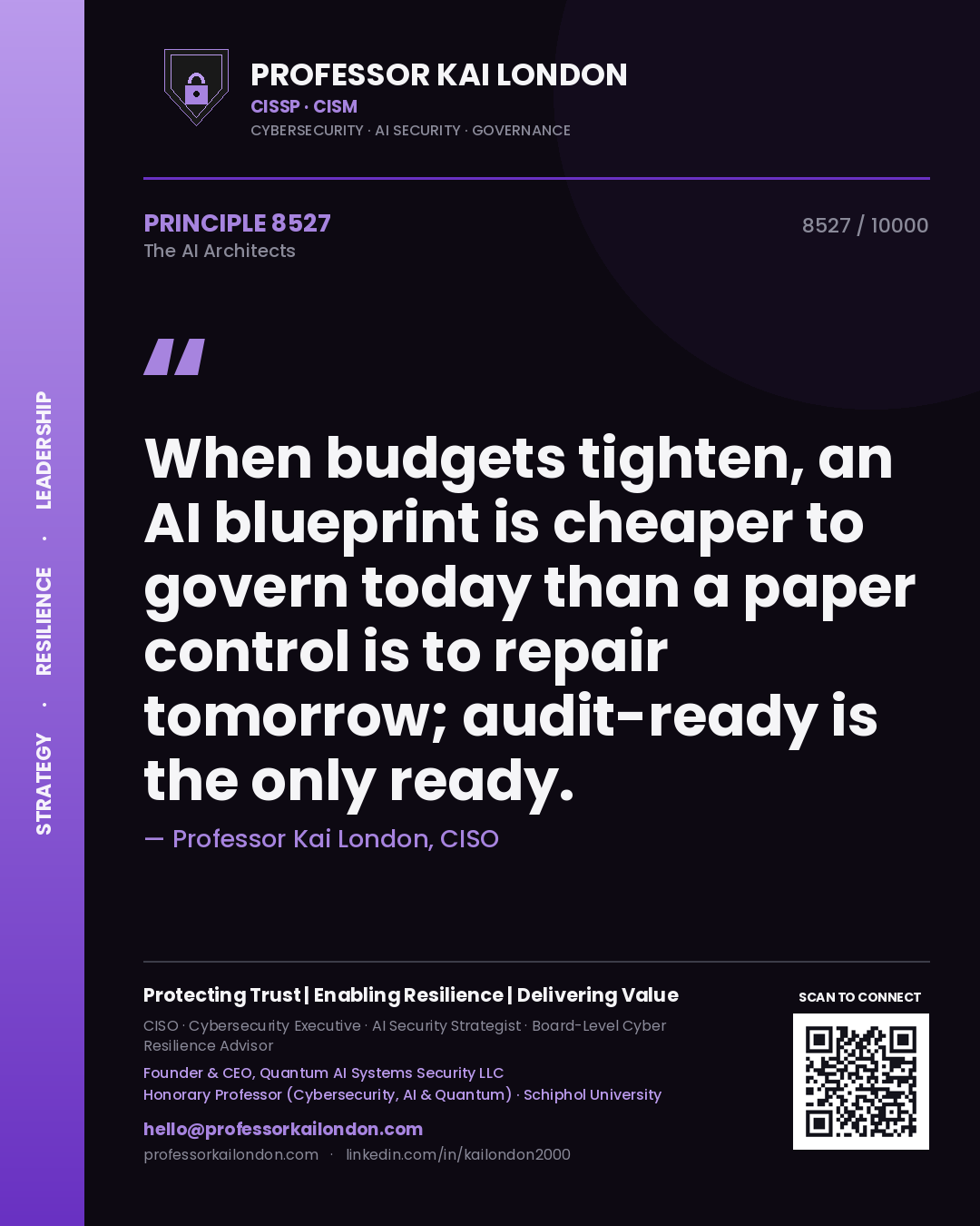 Professor Kai London principle 8527: When budgets tighten, an AI blueprint is cheaper to govern today than a paper control is to repair tomorrow; audit-ready is the only ready.