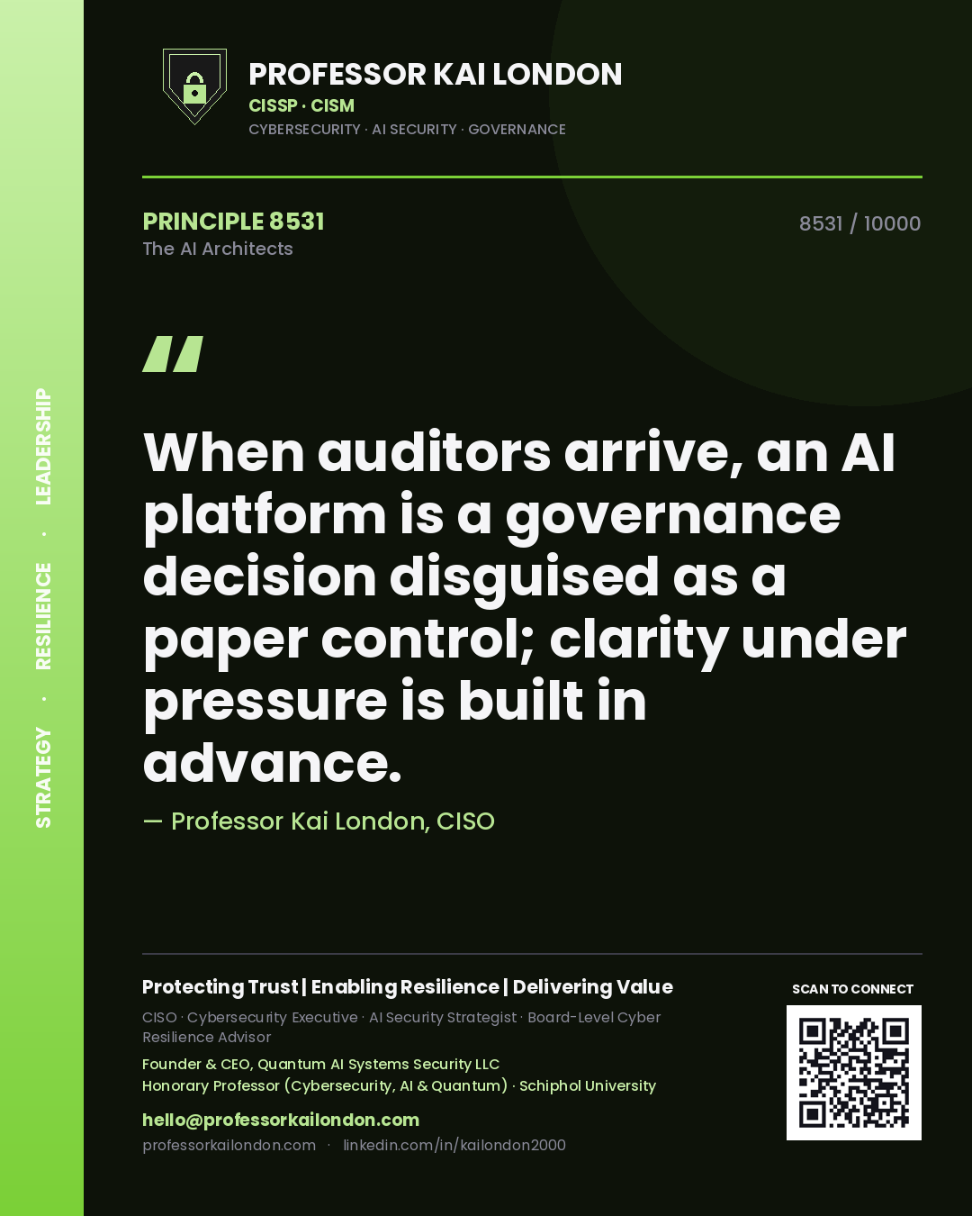 Professor Kai London principle 8531: When auditors arrive, an AI platform is a governance decision disguised as a paper control; clarity under pressure is built in advance.