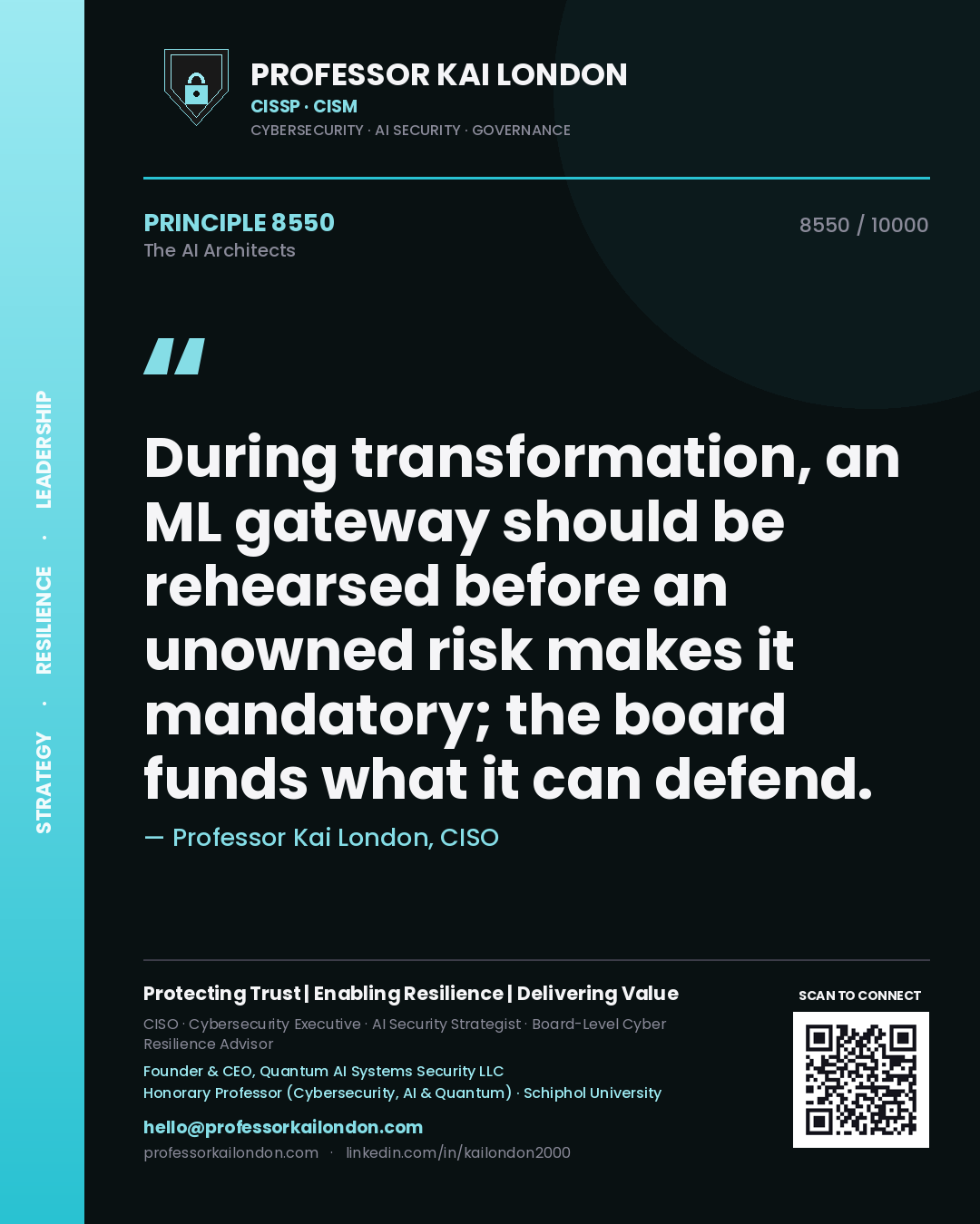 Professor Kai London principle 8550: During transformation, an ML gateway should be rehearsed before an unowned risk makes it mandatory; the board funds what it can defend.