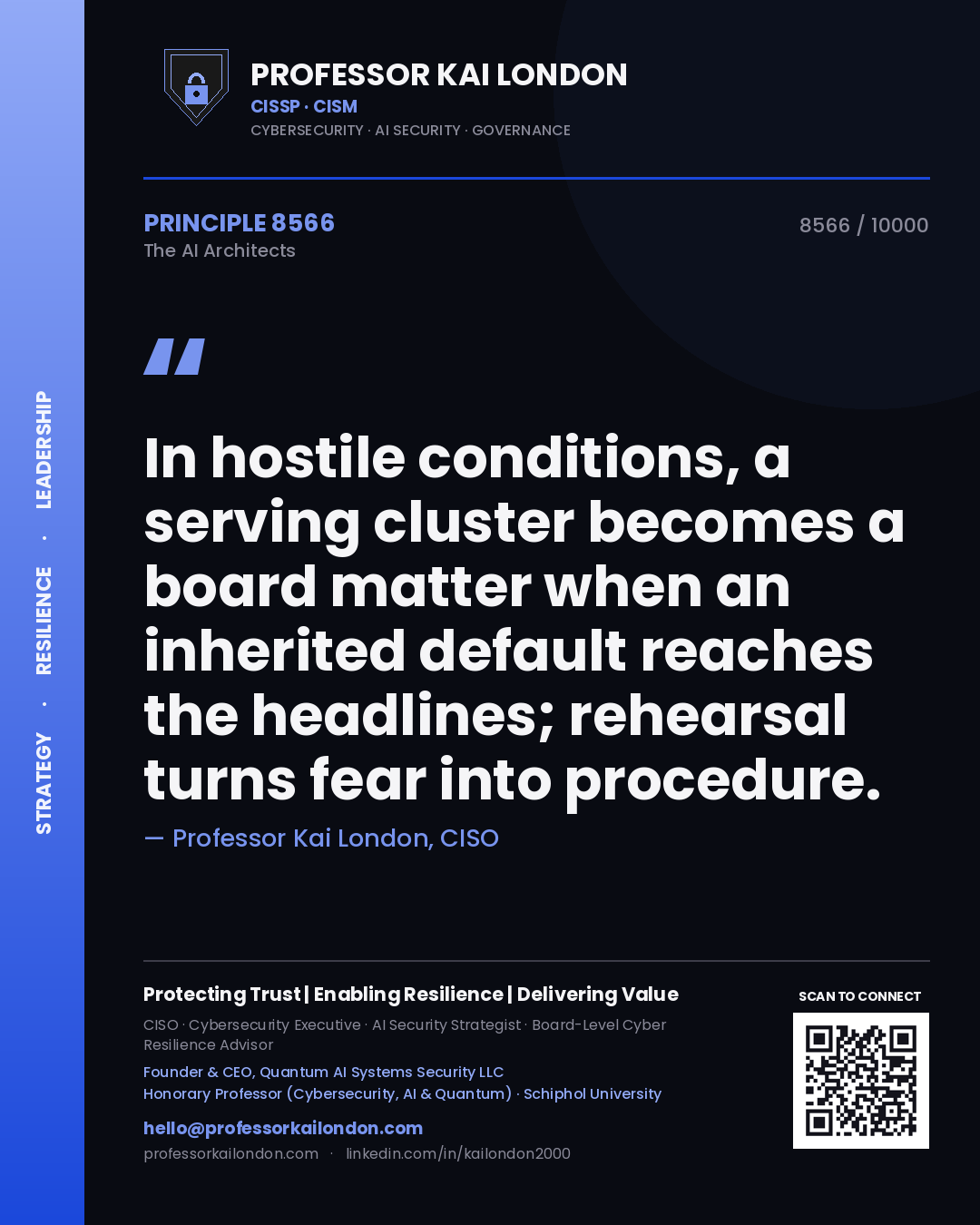 Professor Kai London principle 8566: In hostile conditions, a serving cluster becomes a board matter when an inherited default reaches the headlines; rehearsal turns fear into procedure.