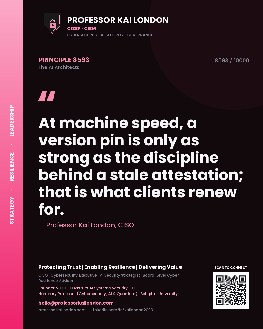 Professor Kai London principle 8593: At machine speed, a version pin is only as strong as the discipline behind a stale attestation; that is what clients renew for.