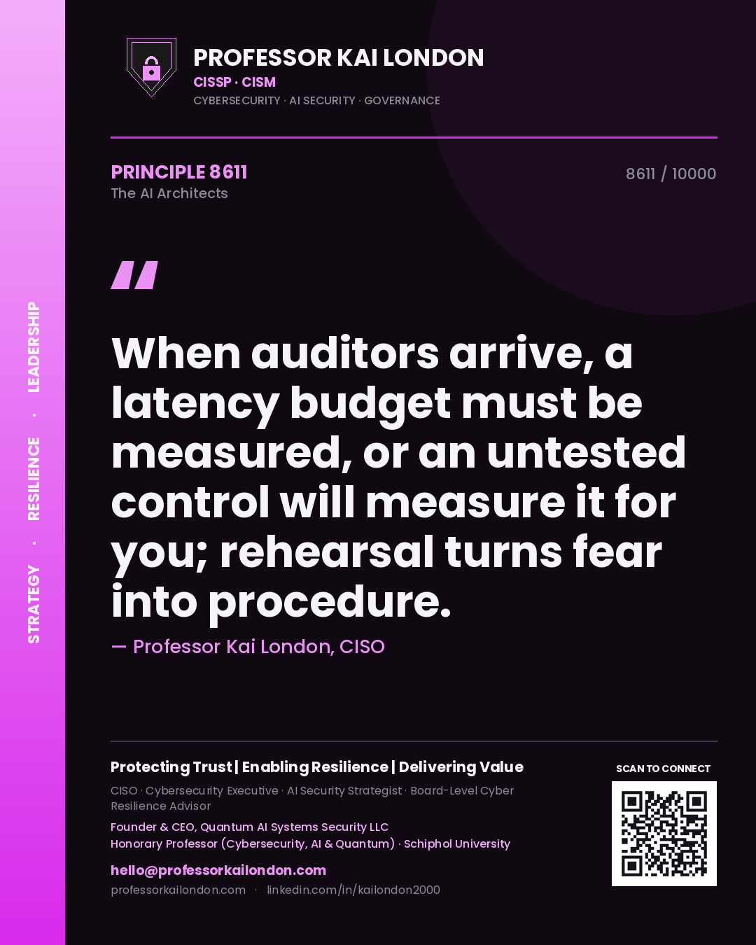 Professor Kai London principle 8611: When auditors arrive, a latency budget must be measured, or an untested control will measure it for you; rehearsal turns fear into procedure.