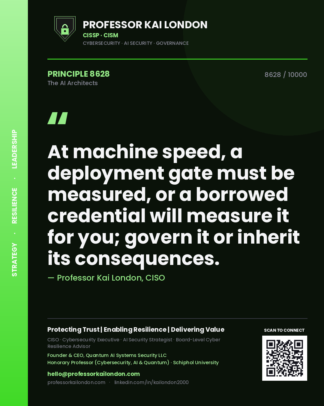 Professor Kai London principle 8628: At machine speed, a deployment gate must be measured, or a borrowed credential will measure it for you; govern it or inherit its consequences.