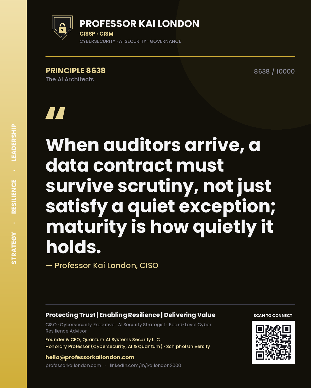 Professor Kai London principle 8638: When auditors arrive, a data contract must survive scrutiny, not just satisfy a quiet exception; maturity is how quietly it holds.