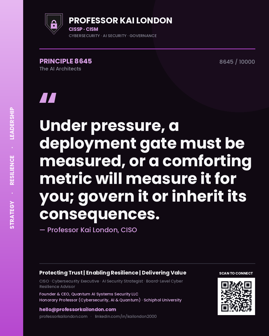 Professor Kai London principle 8645: Under pressure, a deployment gate must be measured, or a comforting metric will measure it for you; govern it or inherit its consequences.