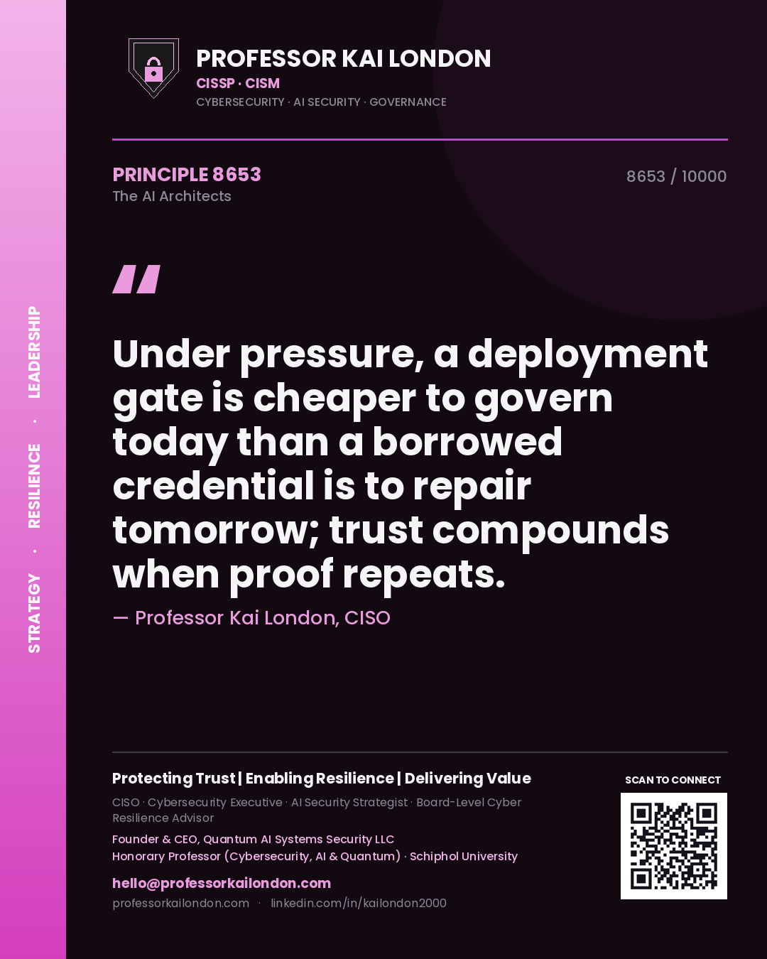 Professor Kai London principle 8653: Under pressure, a deployment gate is cheaper to govern today than a borrowed credential is to repair tomorrow; trust compounds when proof repeats.