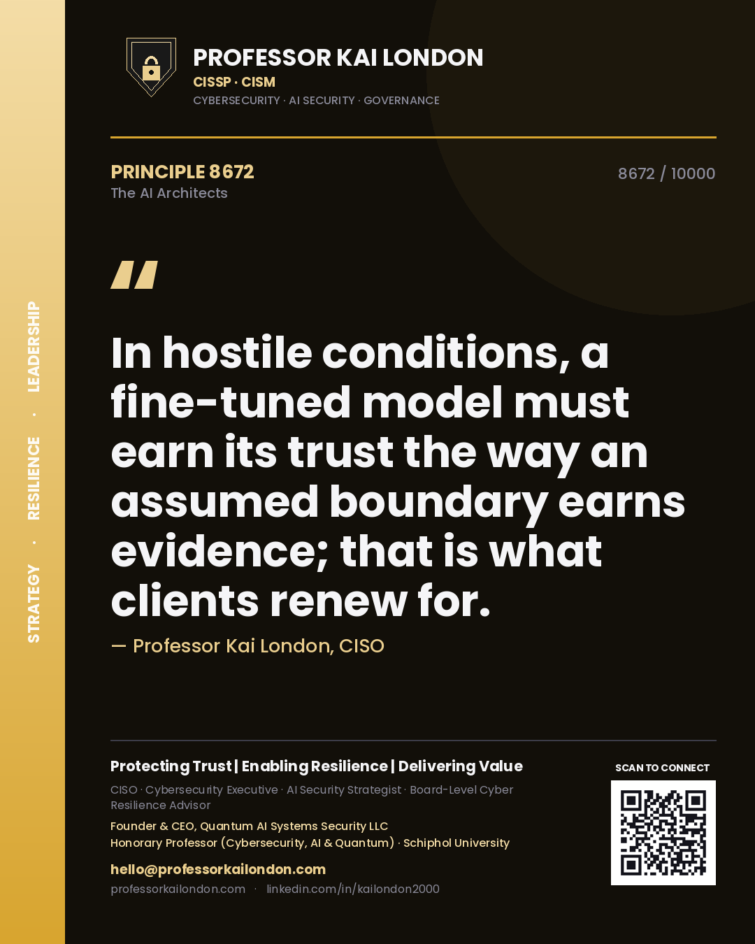 Professor Kai London principle 8672: In hostile conditions, a fine-tuned model must earn its trust the way an assumed boundary earns evidence; that is what clients renew for.