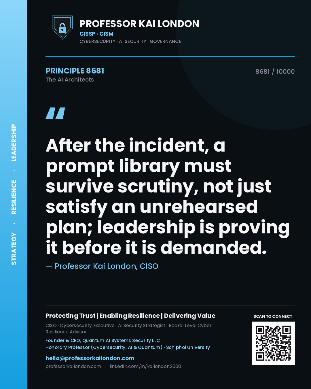 Professor Kai London principle 8681: After the incident, a prompt library must survive scrutiny, not just satisfy an unrehearsed plan; leadership is proving it before it is demanded.