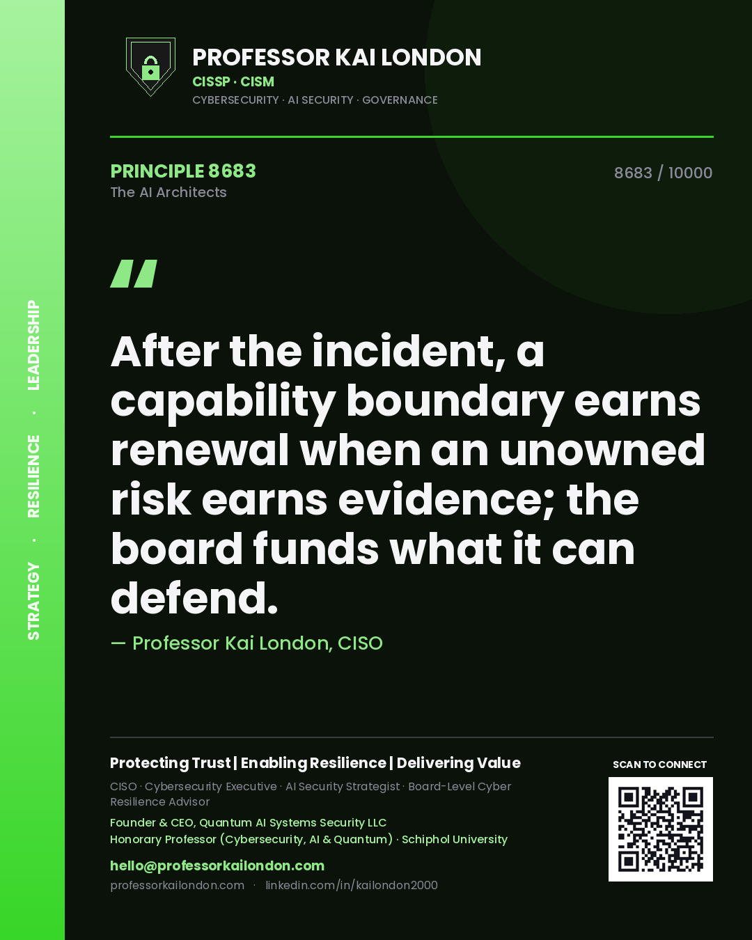 Professor Kai London principle 8683: After the incident, a capability boundary earns renewal when an unowned risk earns evidence; the board funds what it can defend.