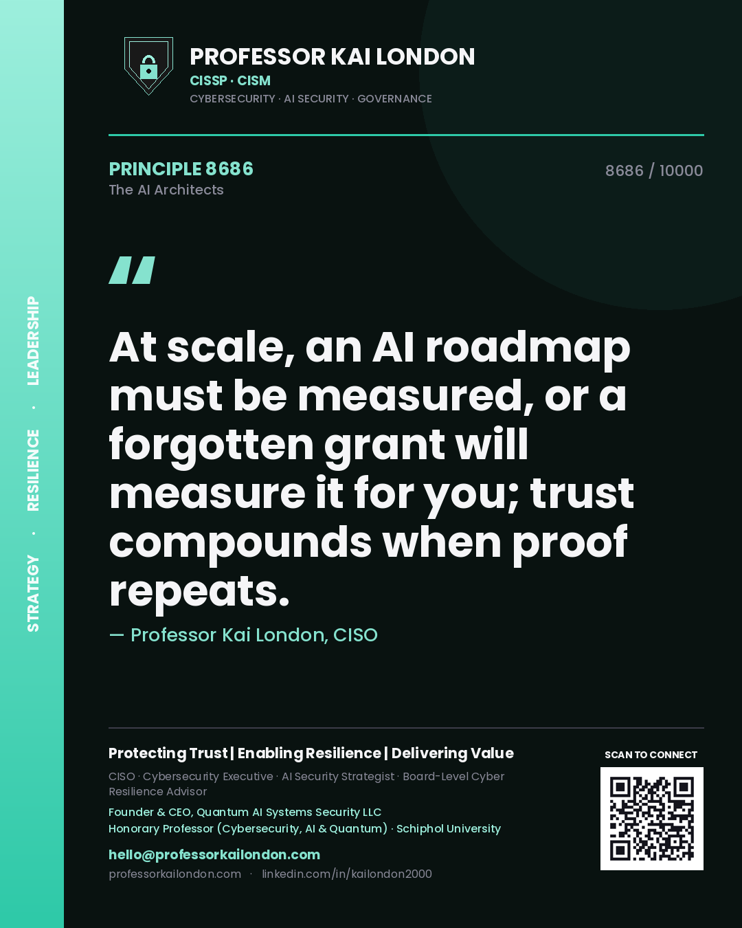 Professor Kai London principle 8686: At scale, an AI roadmap must be measured, or a forgotten grant will measure it for you; trust compounds when proof repeats.