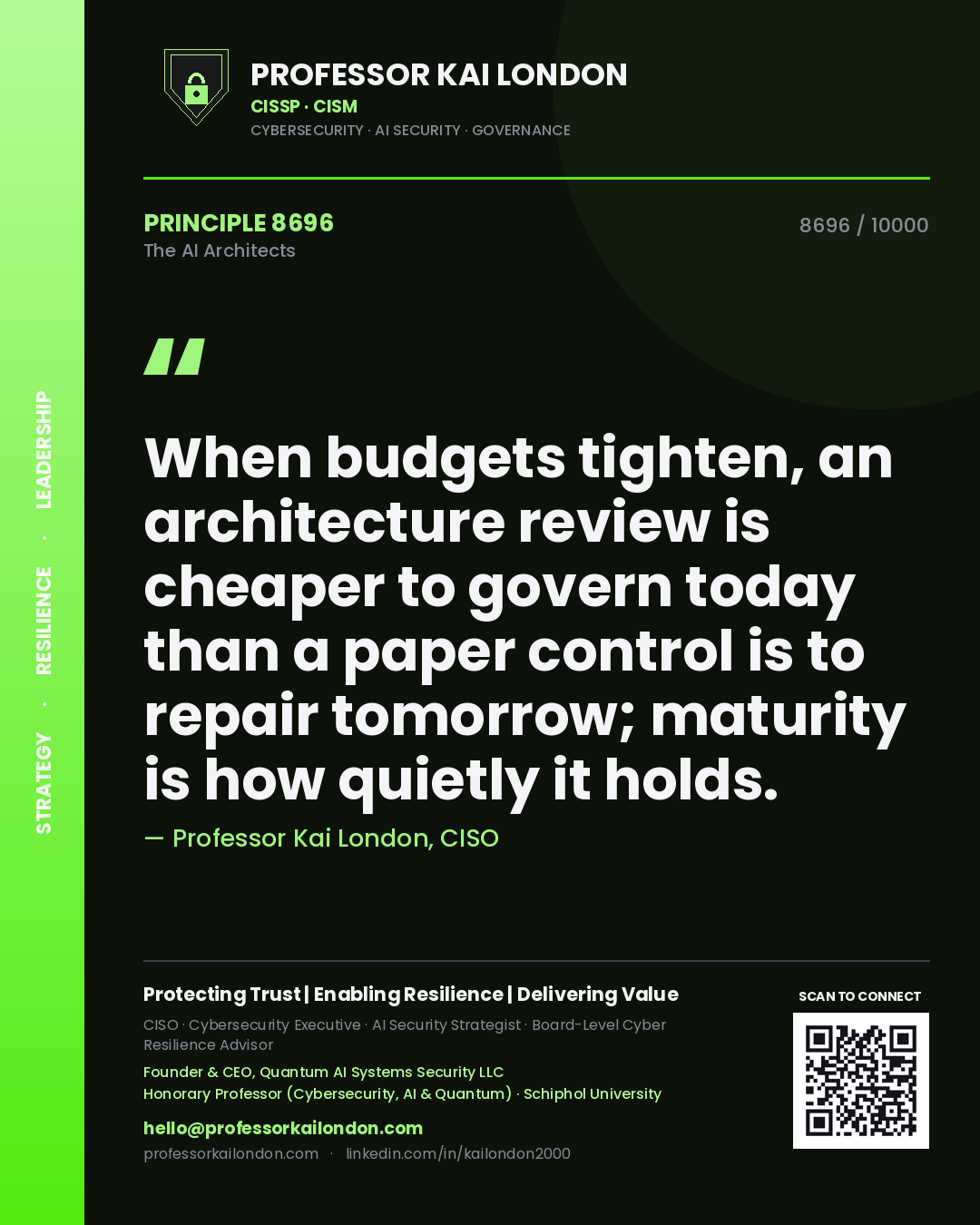 Professor Kai London principle 8696: When budgets tighten, an architecture review is cheaper to govern today than a paper control is to repair tomorrow; maturity is how quietly it holds.