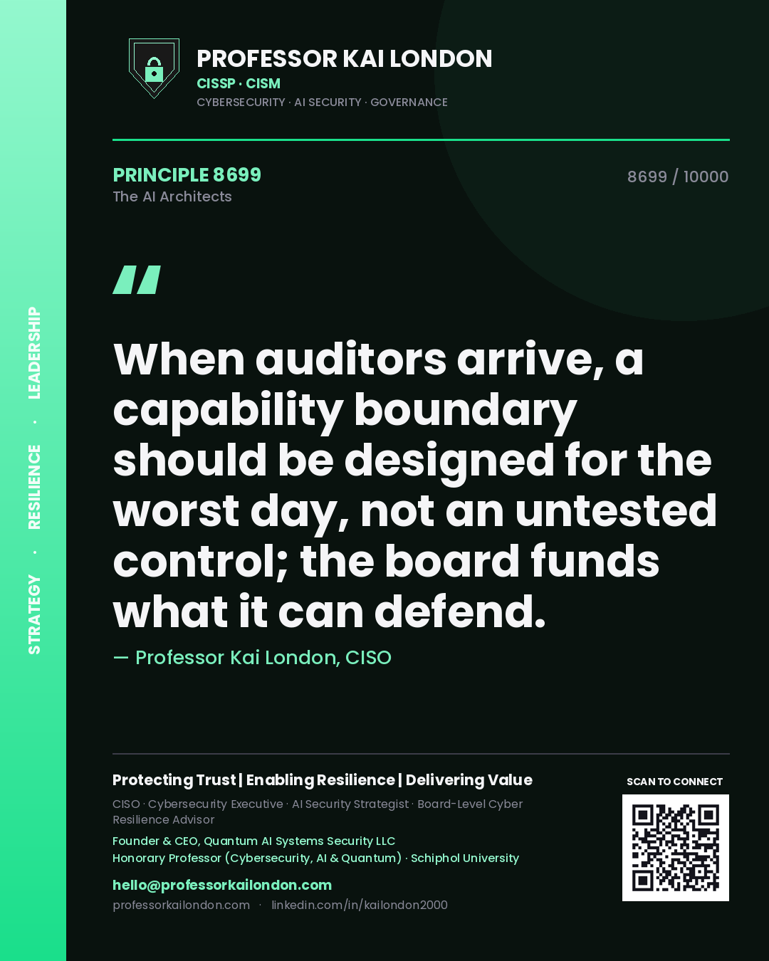 Professor Kai London principle 8699: When auditors arrive, a capability boundary should be designed for the worst day, not an untested control; the board funds what it can defend.