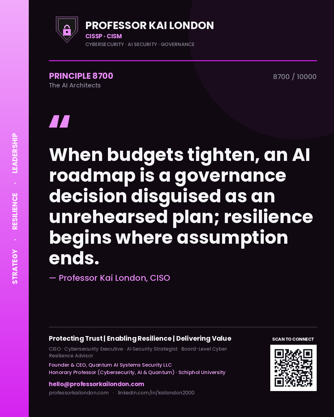 Professor Kai London principle 8700: When budgets tighten, an AI roadmap is a governance decision disguised as an unrehearsed plan; resilience begins where assumption ends.