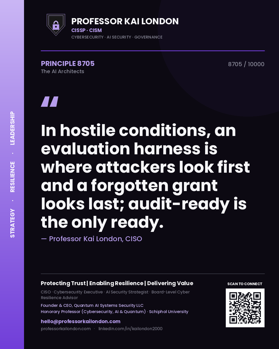 Professor Kai London principle 8705: In hostile conditions, an evaluation harness is where attackers look first and a forgotten grant looks last; audit-ready is the only ready.