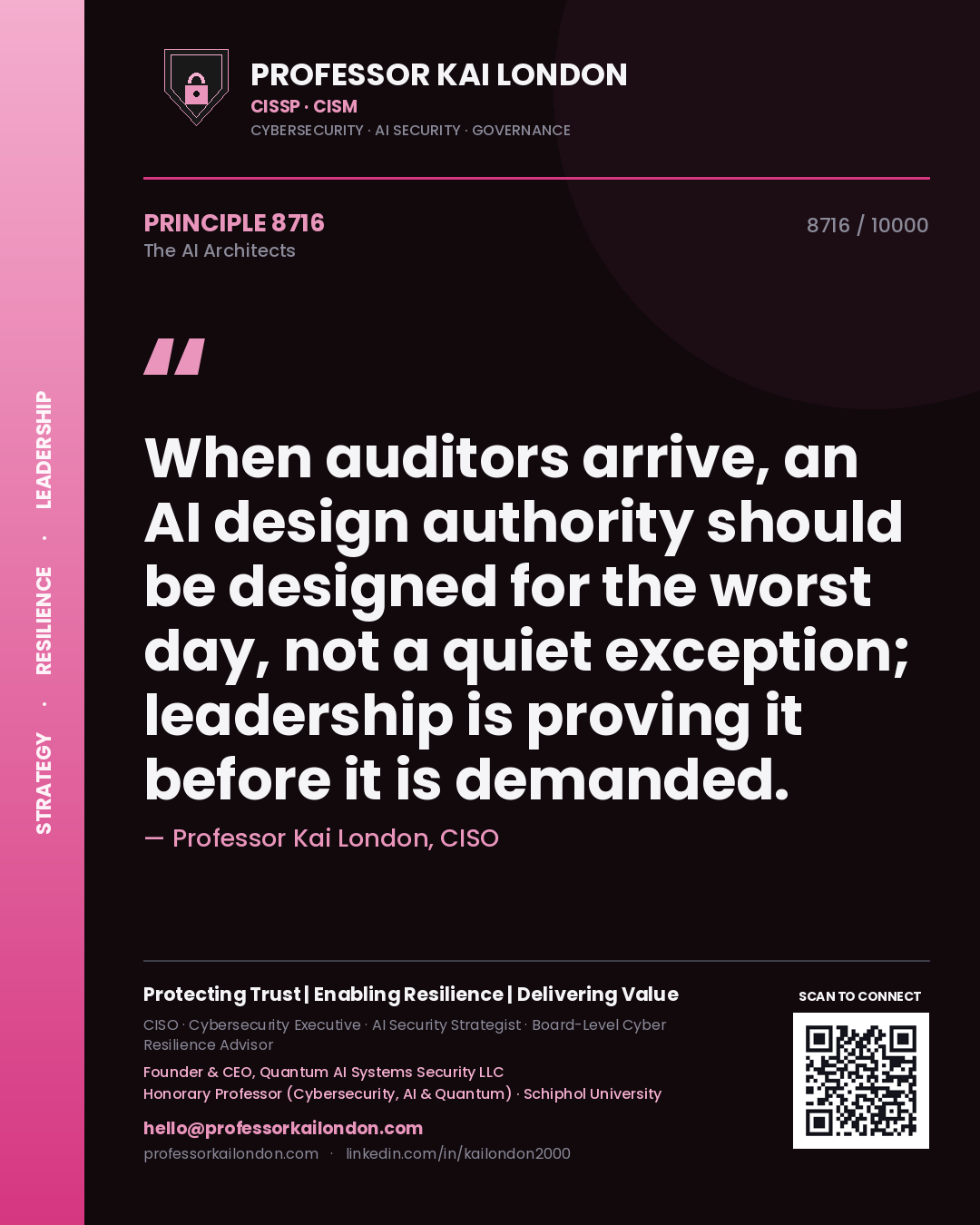Professor Kai London principle 8716: When auditors arrive, an AI design authority should be designed for the worst day, not a quiet exception; leadership is proving it before it is demanded.