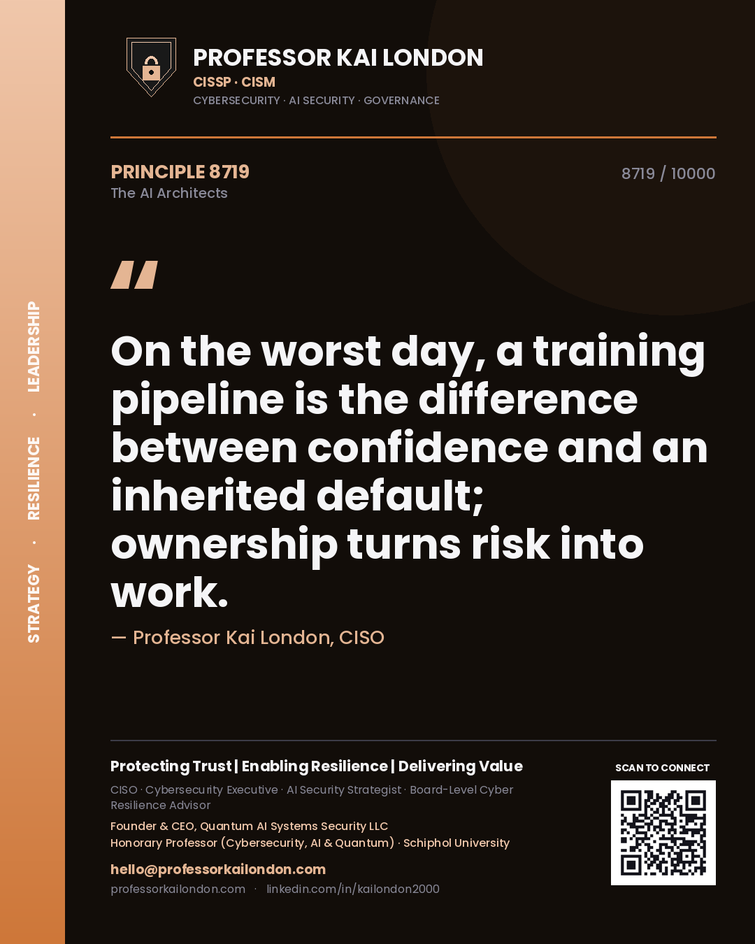 Professor Kai London principle 8719: On the worst day, a training pipeline is the difference between confidence and an inherited default; ownership turns risk into work.