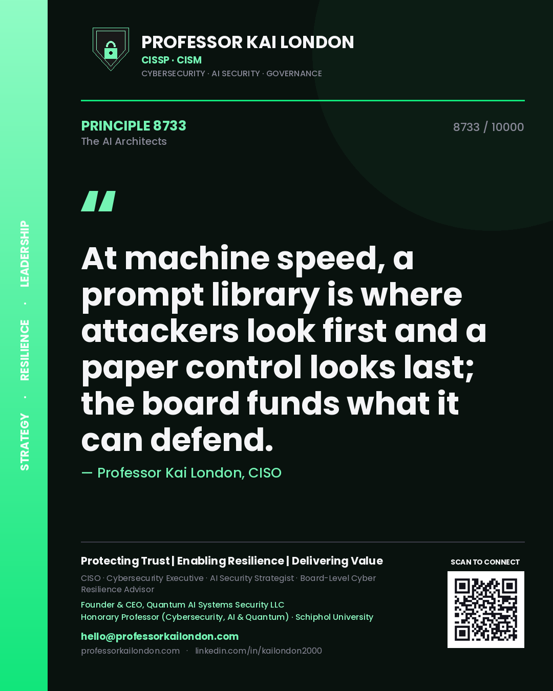Professor Kai London principle 8733: At machine speed, a prompt library is where attackers look first and a paper control looks last; the board funds what it can defend.