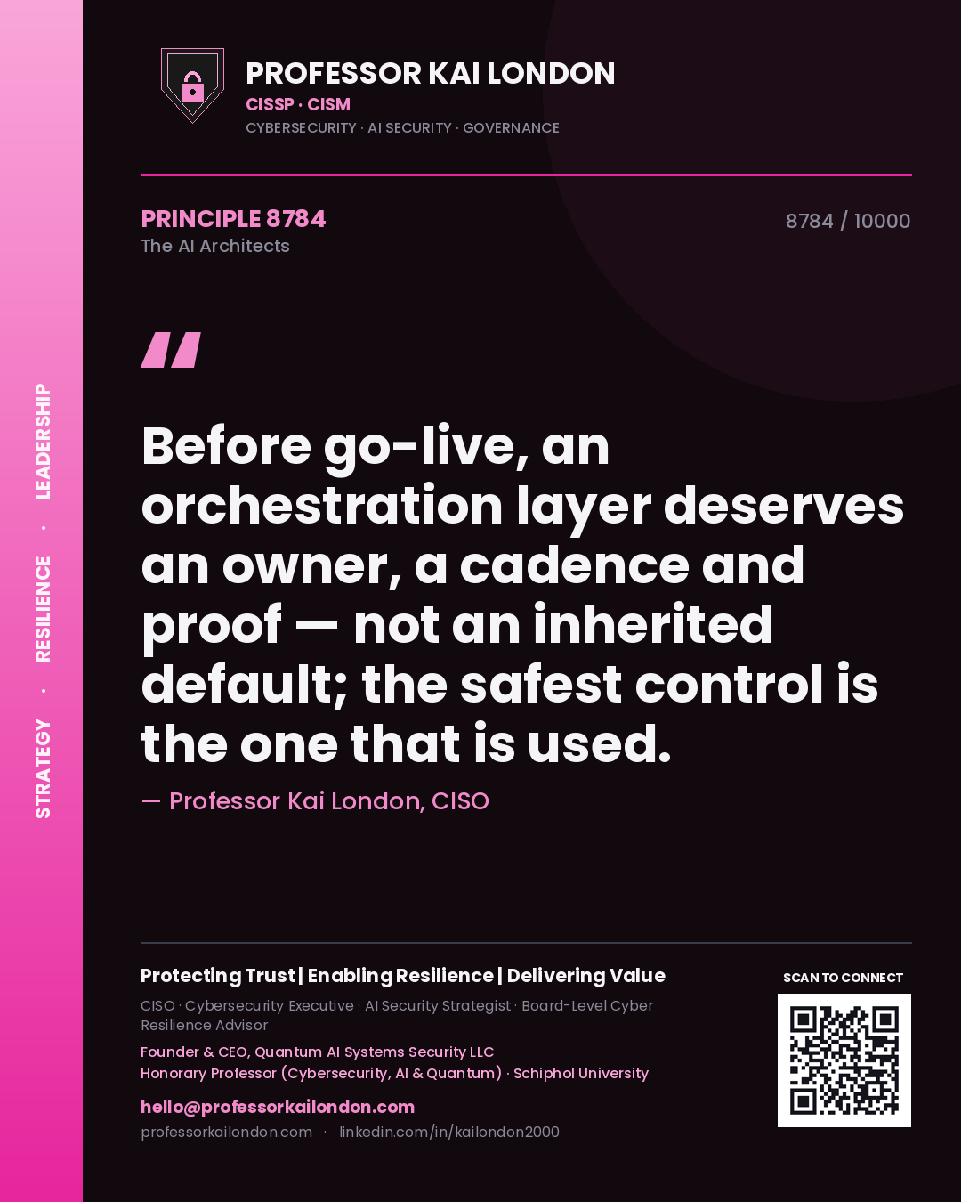 Professor Kai London principle 8784: Before go-live, an orchestration layer deserves an owner, a cadence and proof — not an inherited default; the safest control is the one that is used.