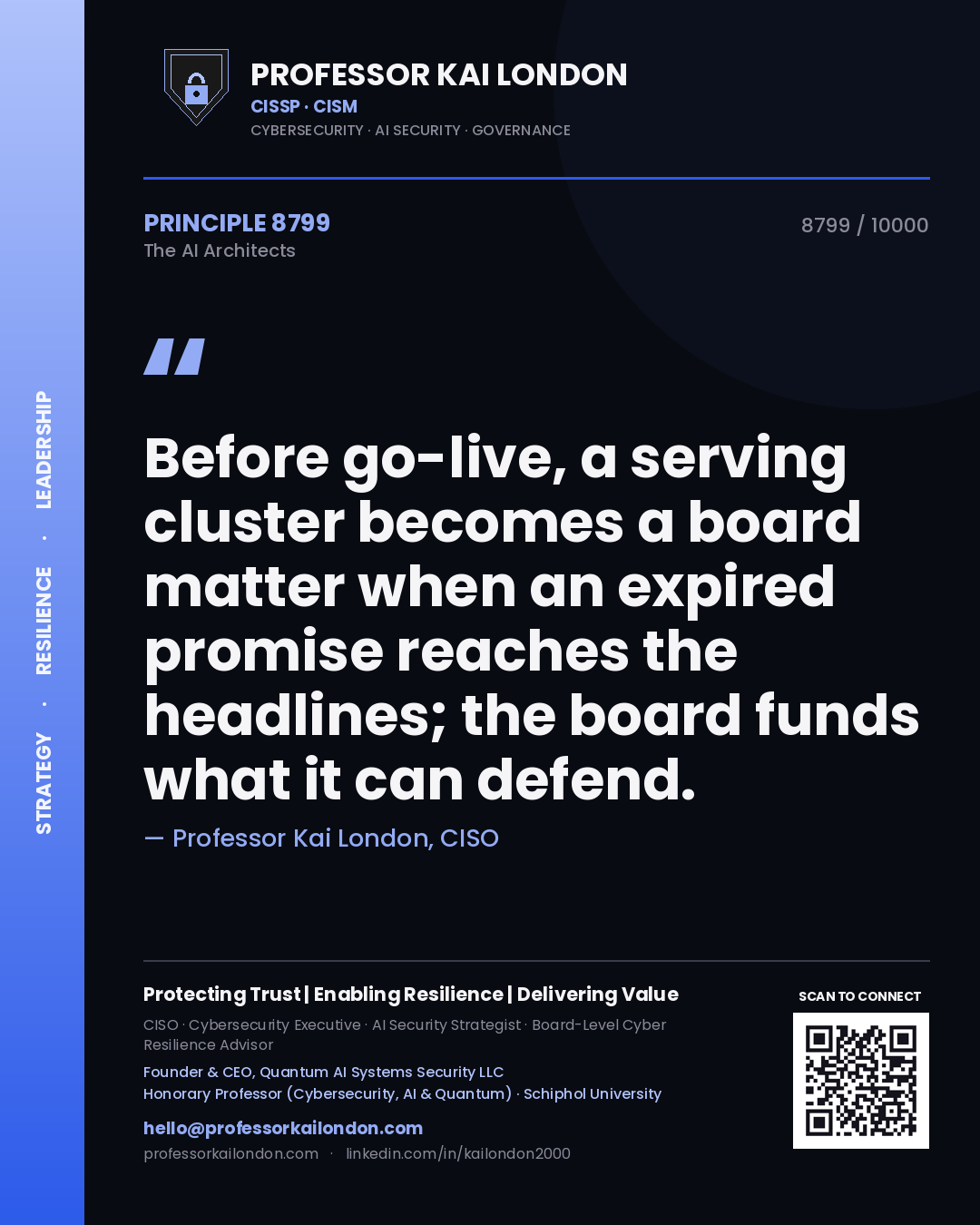 Professor Kai London principle 8799: Before go-live, a serving cluster becomes a board matter when an expired promise reaches the headlines; the board funds what it can defend.