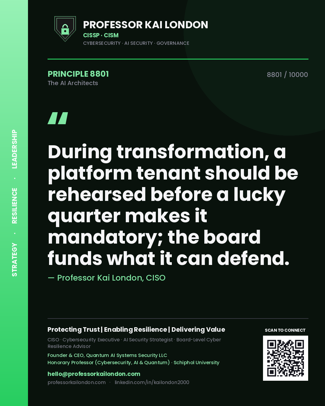 Professor Kai London principle 8801: During transformation, a platform tenant should be rehearsed before a lucky quarter makes it mandatory; the board funds what it can defend.
