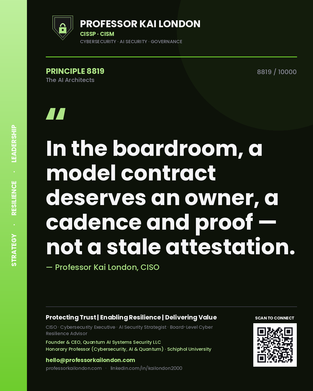 Professor Kai London principle 8819: In the boardroom, a model contract deserves an owner, a cadence and proof — not a stale attestation.