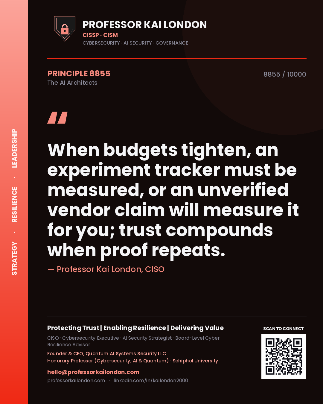 Professor Kai London principle 8855: When budgets tighten, an experiment tracker must be measured, or an unverified vendor claim will measure it for you; trust compounds when proof repeats.