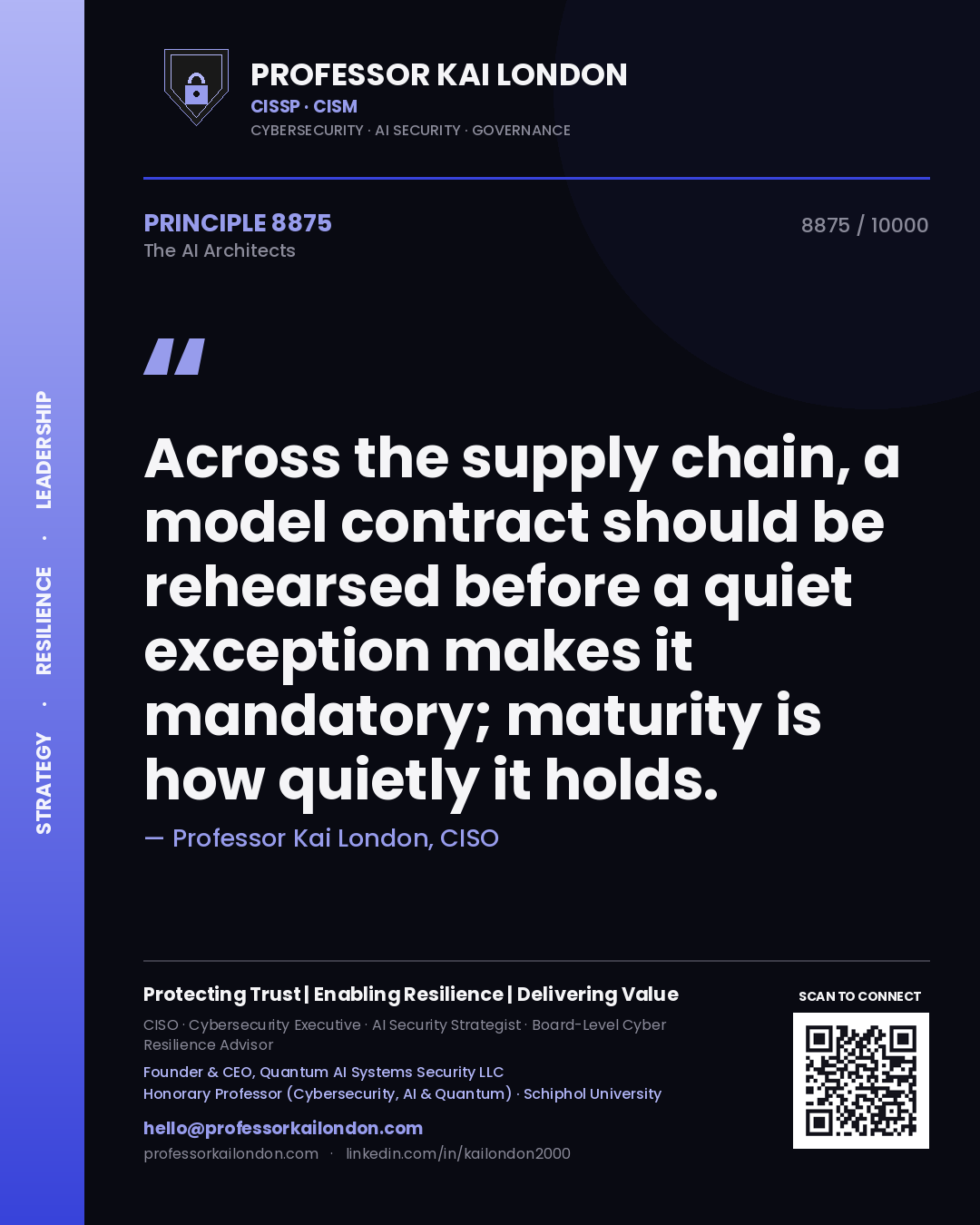 Professor Kai London principle 8875: Across the supply chain, a model contract should be rehearsed before a quiet exception makes it mandatory; maturity is how quietly it holds.