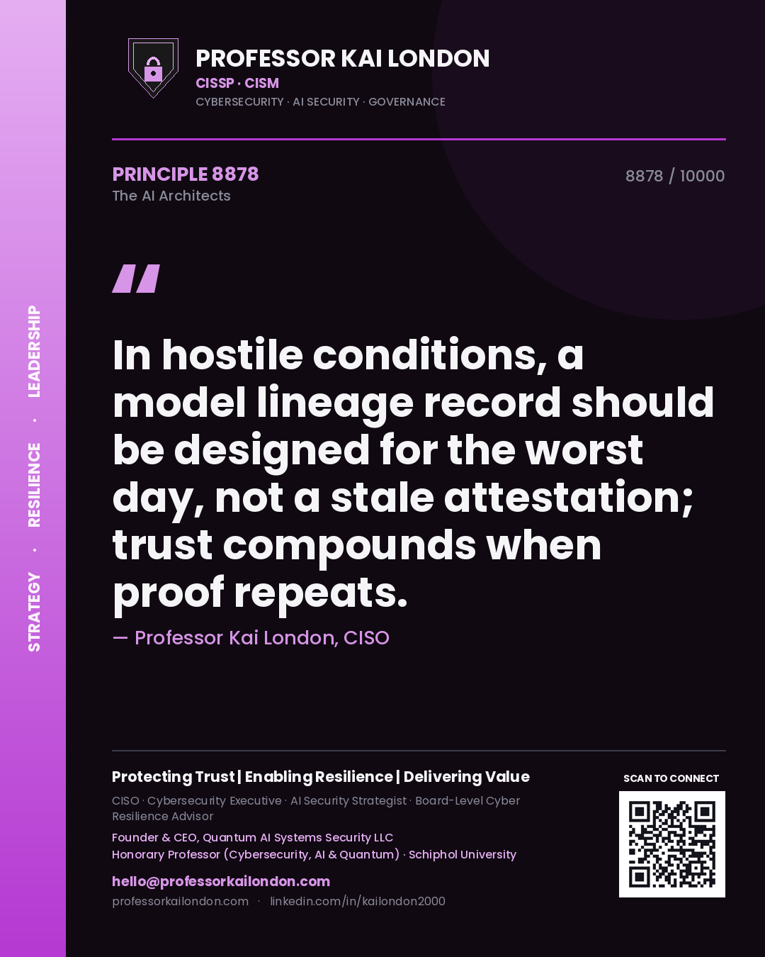 Professor Kai London principle 8878: In hostile conditions, a model lineage record should be designed for the worst day, not a stale attestation; trust compounds when proof repeats.