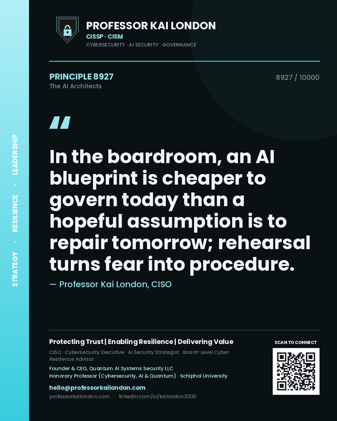Professor Kai London principle 8927: In the boardroom, an AI blueprint is cheaper to govern today than a hopeful assumption is to repair tomorrow; rehearsal turns fear into procedure.