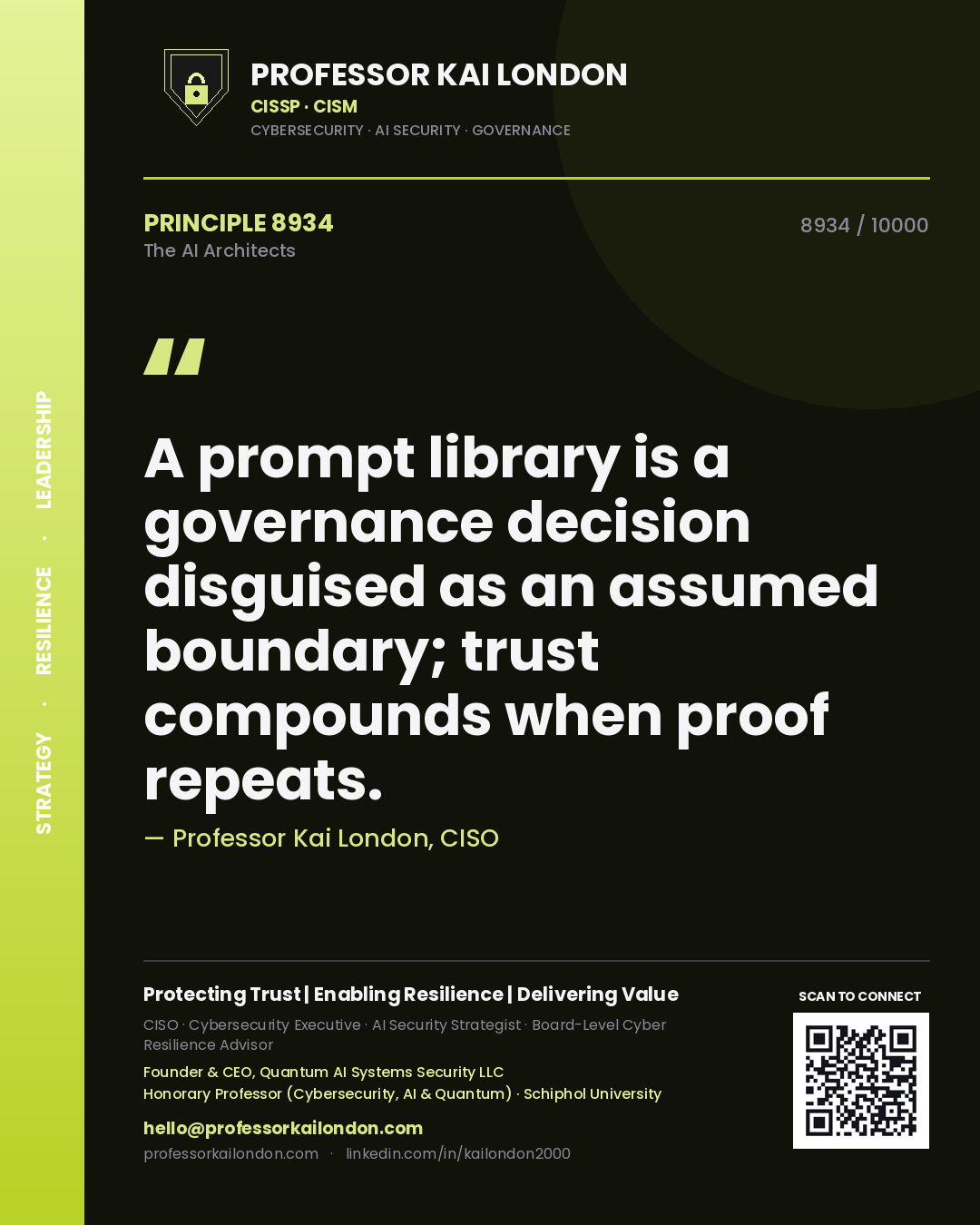 Professor Kai London principle 8934: A prompt library is a governance decision disguised as an assumed boundary; trust compounds when proof repeats.